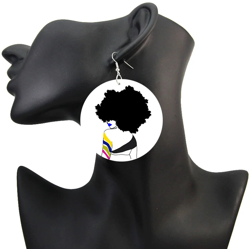 Afro Natural Hair Painted Wood Drop Earrings