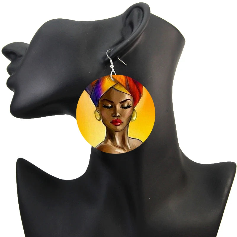 Afro Natural Hair Painted Wood Drop Earrings