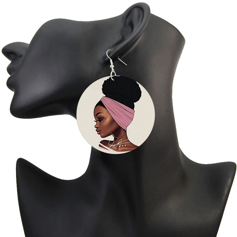 Afro Natural Hair Painted Wood Drop Earrings