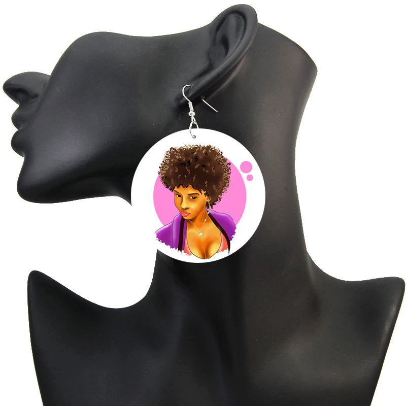 Afro Natural Hair Painted Wood Drop Earrings