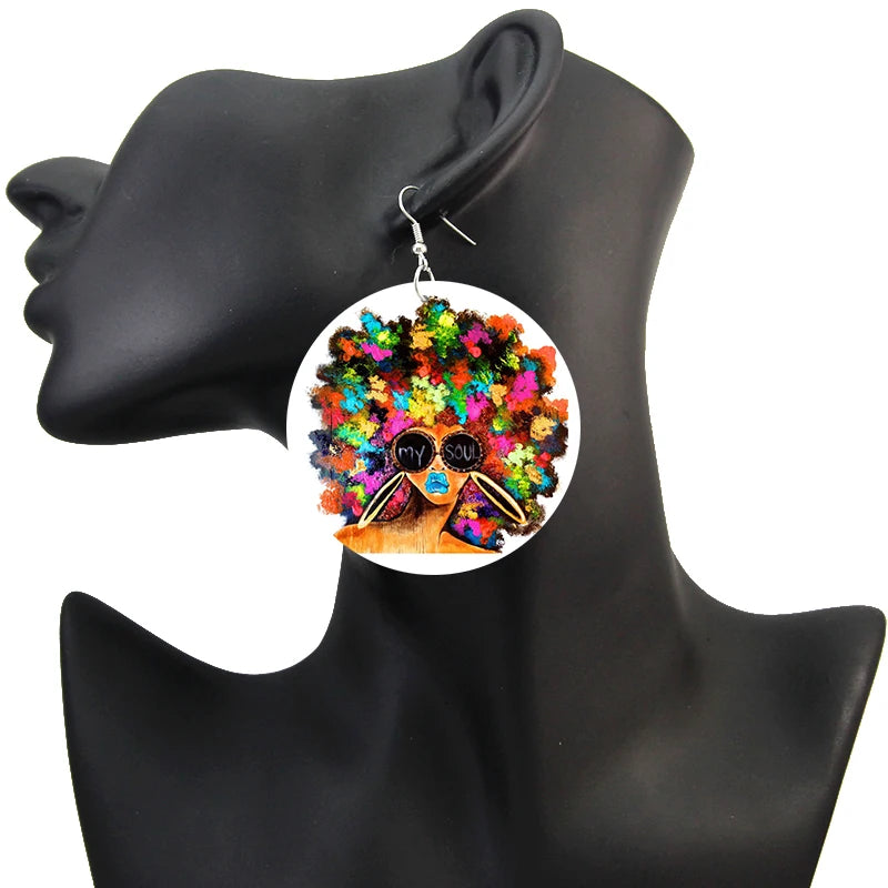 Afro Natural Hair Painted Wood Drop Earrings