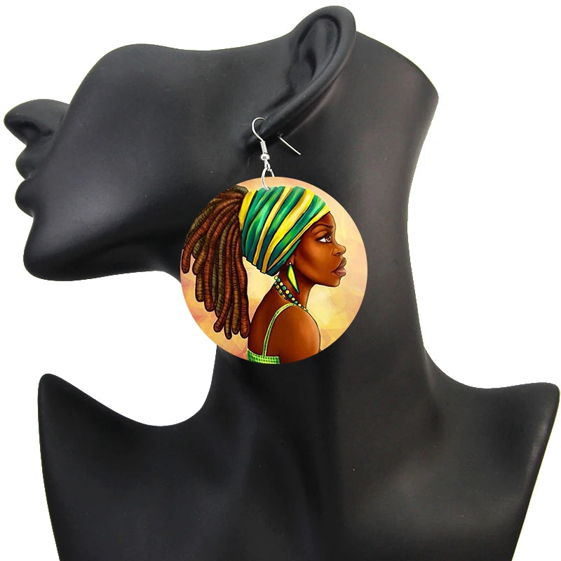 Afro Natural Hair Painted Wood Drop Earrings