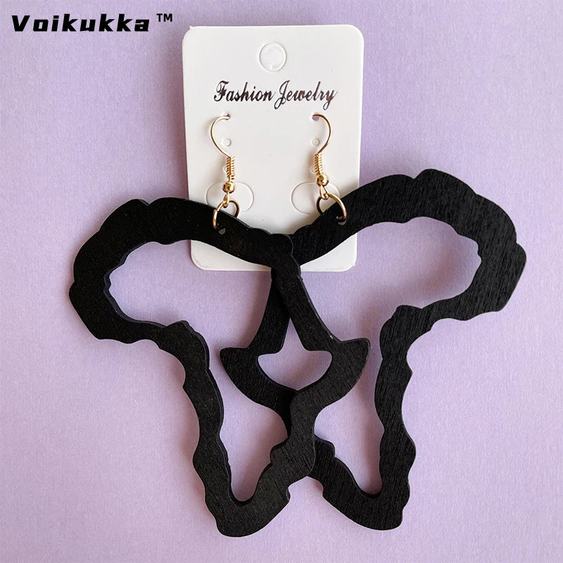 VOIKUKKA Jewelry Natural Wooden Laser Cutting African Map Outline Drop Women Pendant Earrings For Gifts Accessories Wholesale