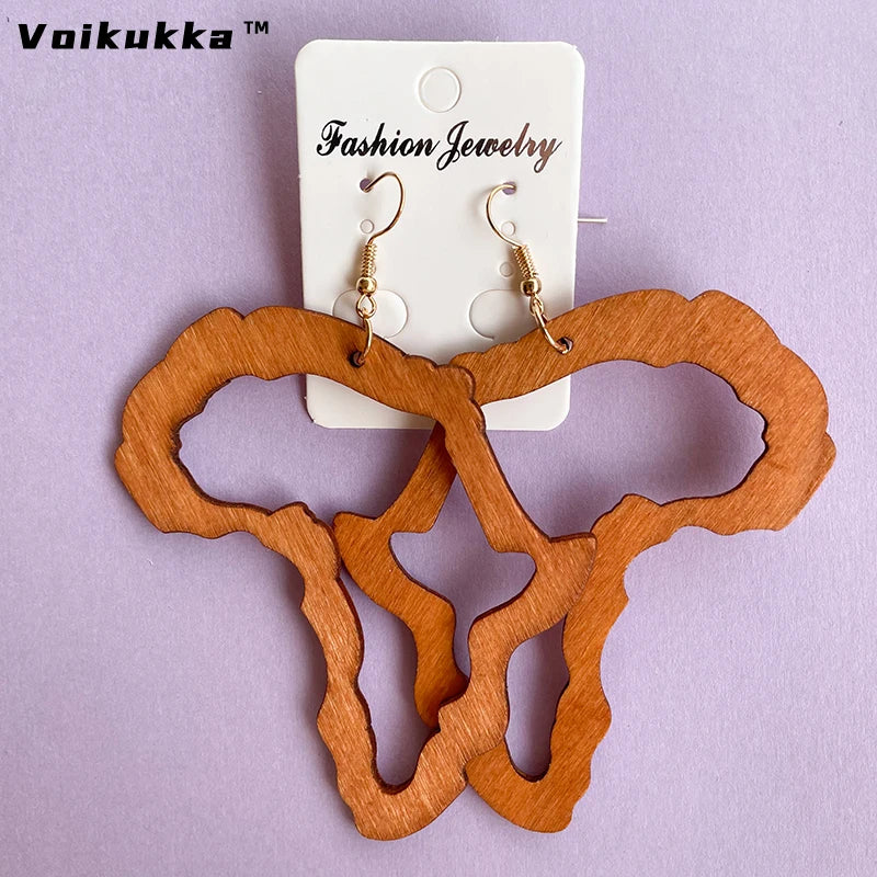 VOIKUKKA Jewelry Natural Wooden Laser Cutting African Map Outline Drop Women Pendant Earrings For Gifts Accessories Wholesale