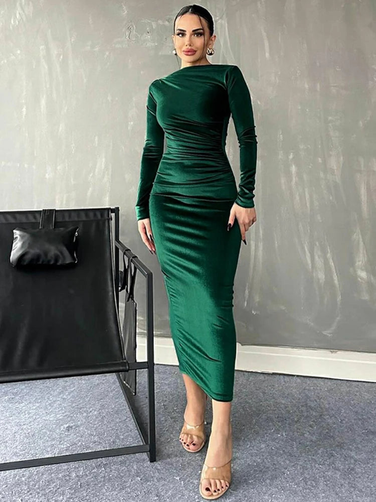 Estelle Ruched Velvet Midi Dress