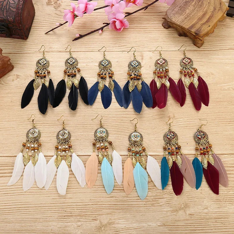 Carved Leaf Feather Tassel Earrings