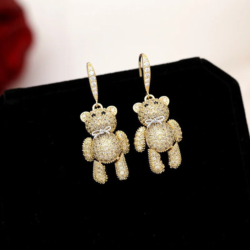 Charming Bear Earrings with Bow Tie & Cubic Zirconia