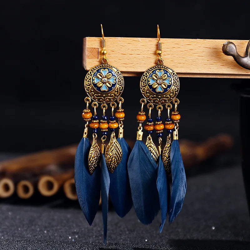 Carved Leaf Feather Tassel Earrings