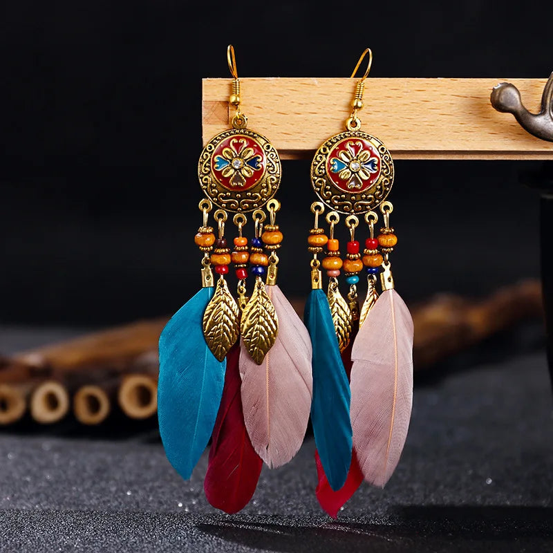 Carved Leaf Feather Tassel Earrings