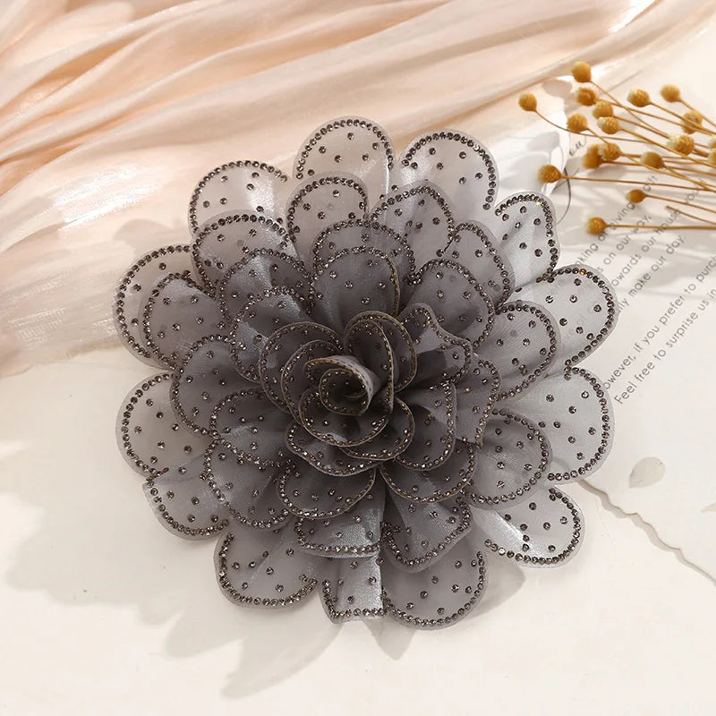 Colorful Rhinestone Fabric Flower Brooch