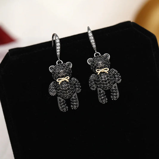 Charming Bear Earrings with Bow Tie & Cubic Zirconia