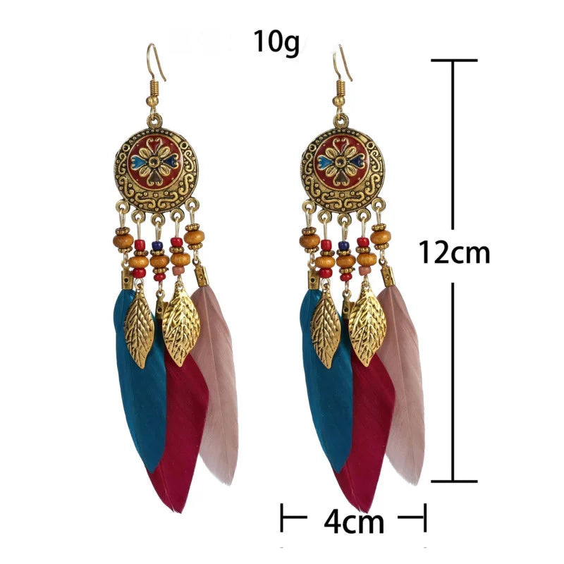 Carved Leaf Feather Tassel Earrings