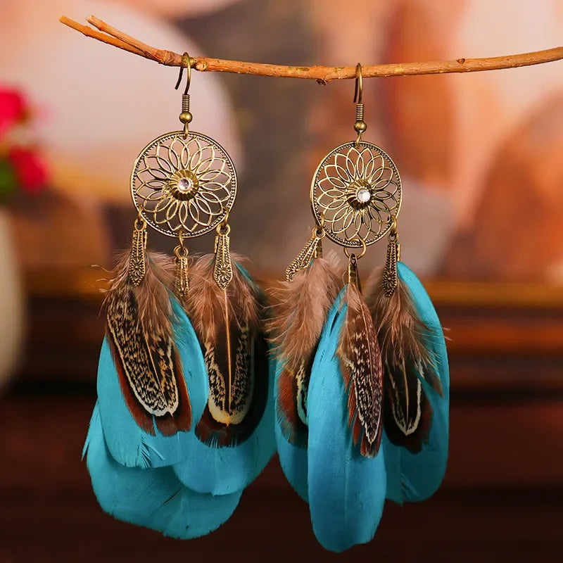 Carved Leaf Feather Tassel Earrings