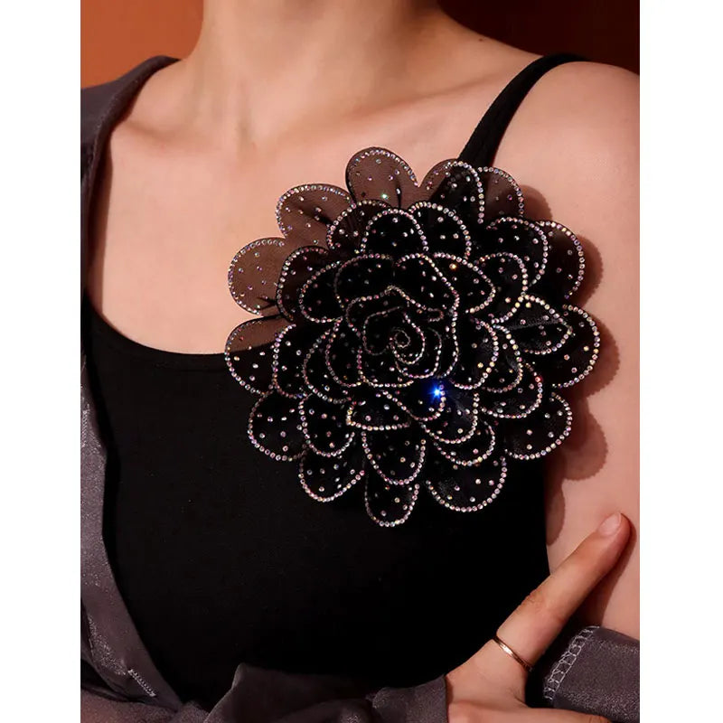 Colorful Rhinestone Fabric Flower Brooch