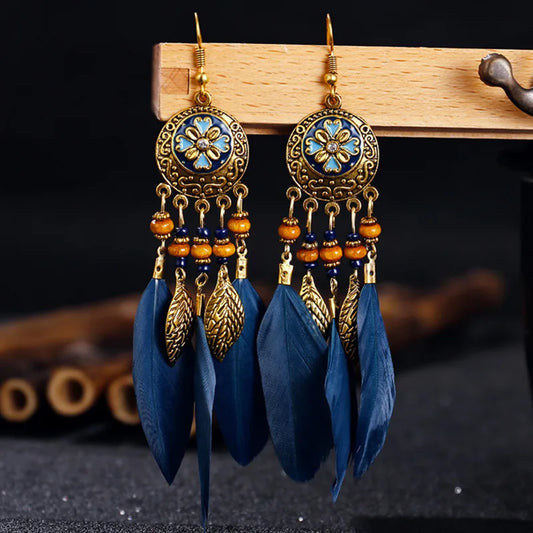 Carved Leaf Feather Tassel Earrings