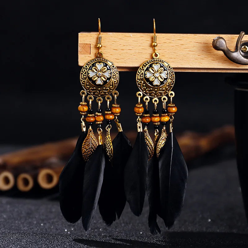 Carved Leaf Feather Tassel Earrings