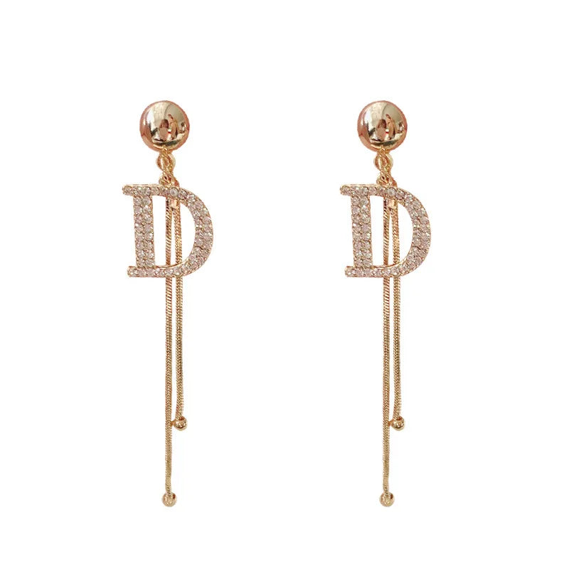 Elegant D Letter Crystal Snake Chain Tassel Earrings