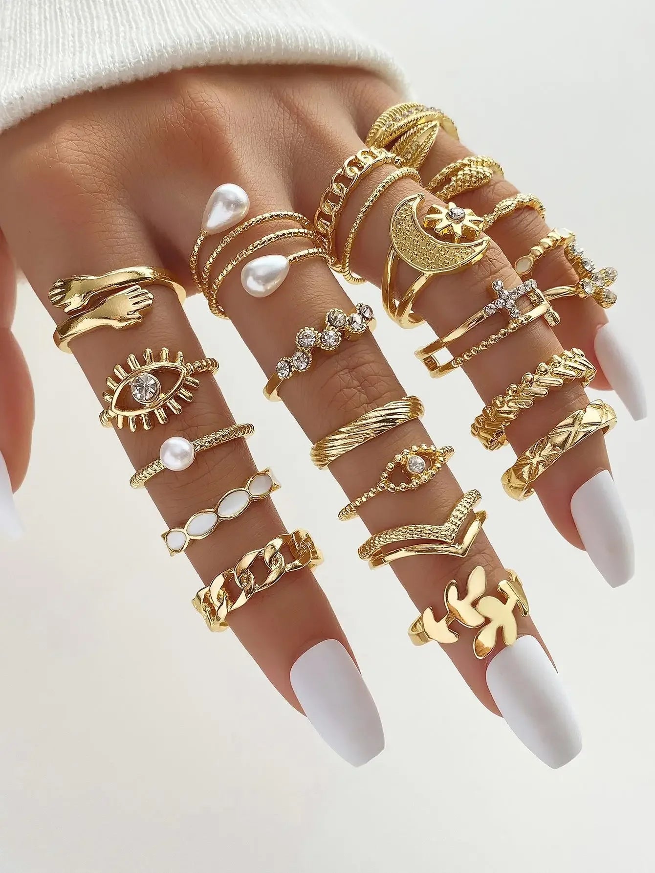 22 Pcs Fashionable Punk Cartoon & Pearl Rings Set