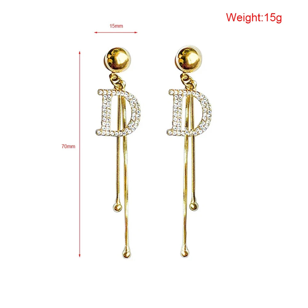 Elegant D Letter Crystal Snake Chain Tassel Earrings