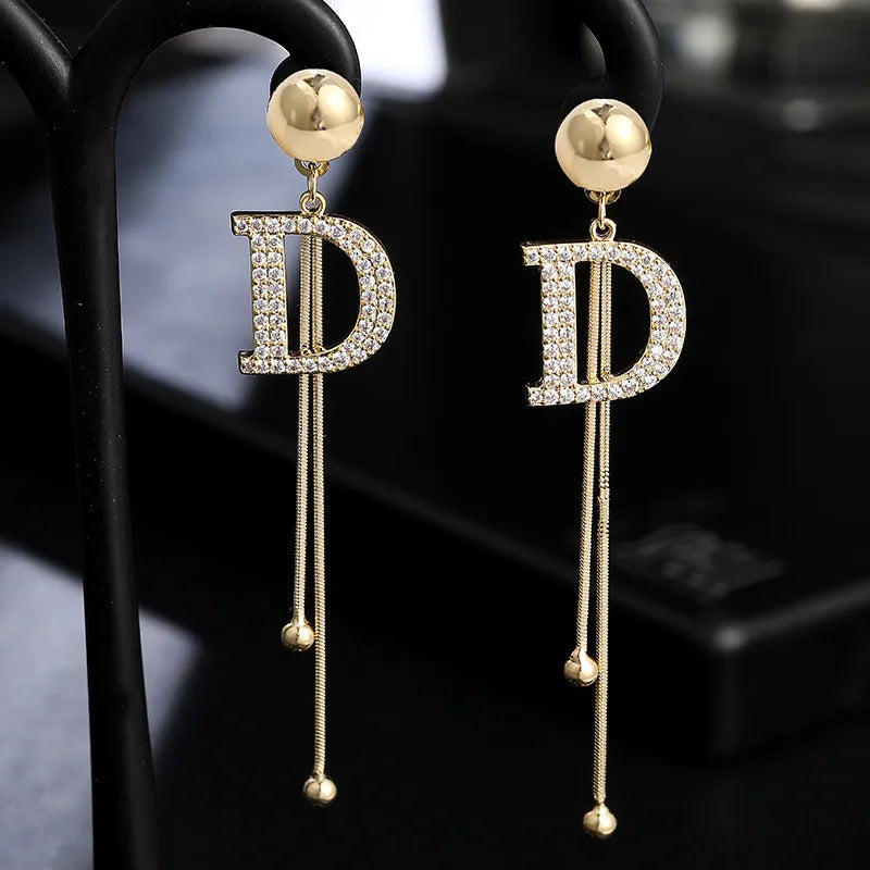 Elegant D Letter Crystal Snake Chain Tassel Earrings