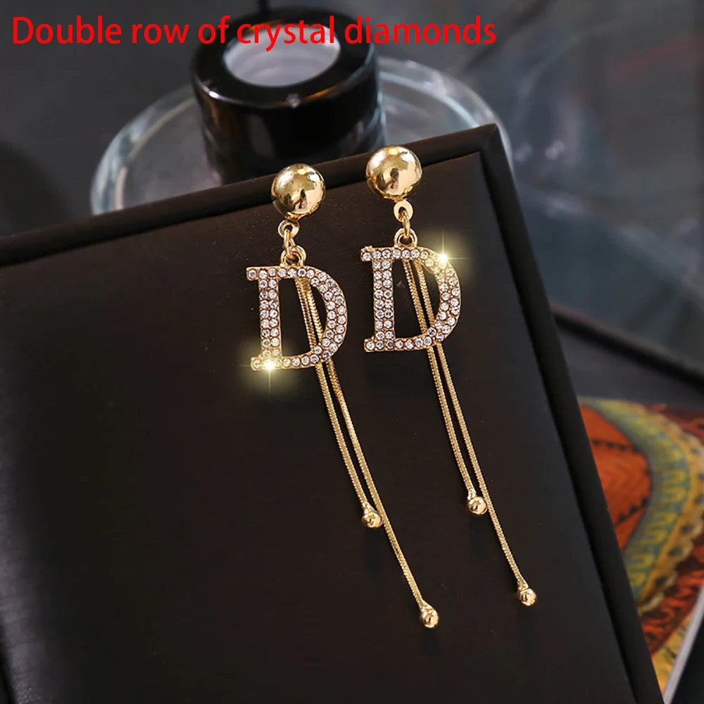 Elegant D Letter Crystal Snake Chain Tassel Earrings