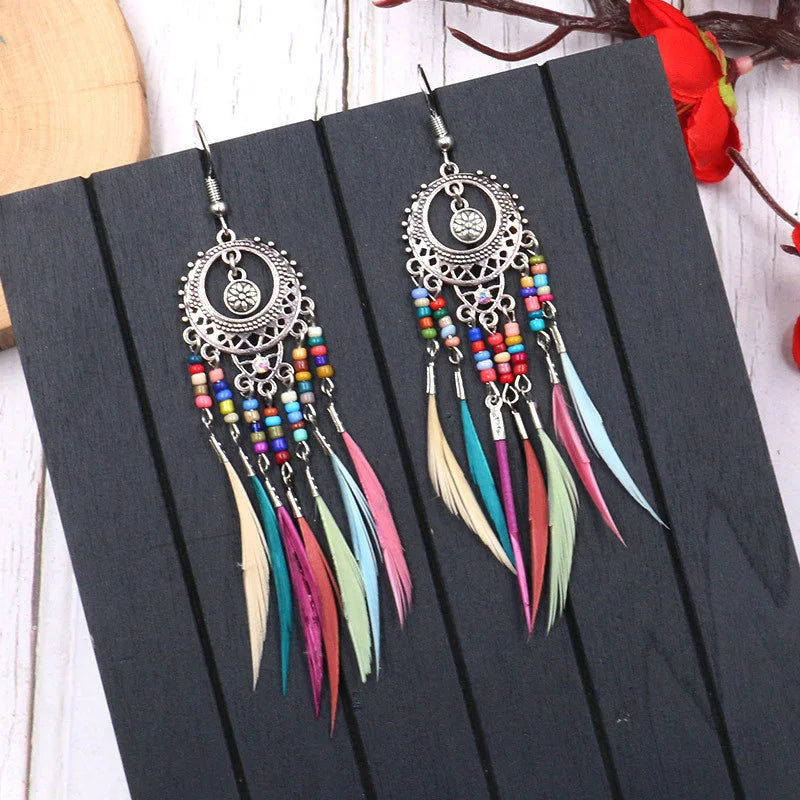 Carved Leaf Feather Tassel Earrings