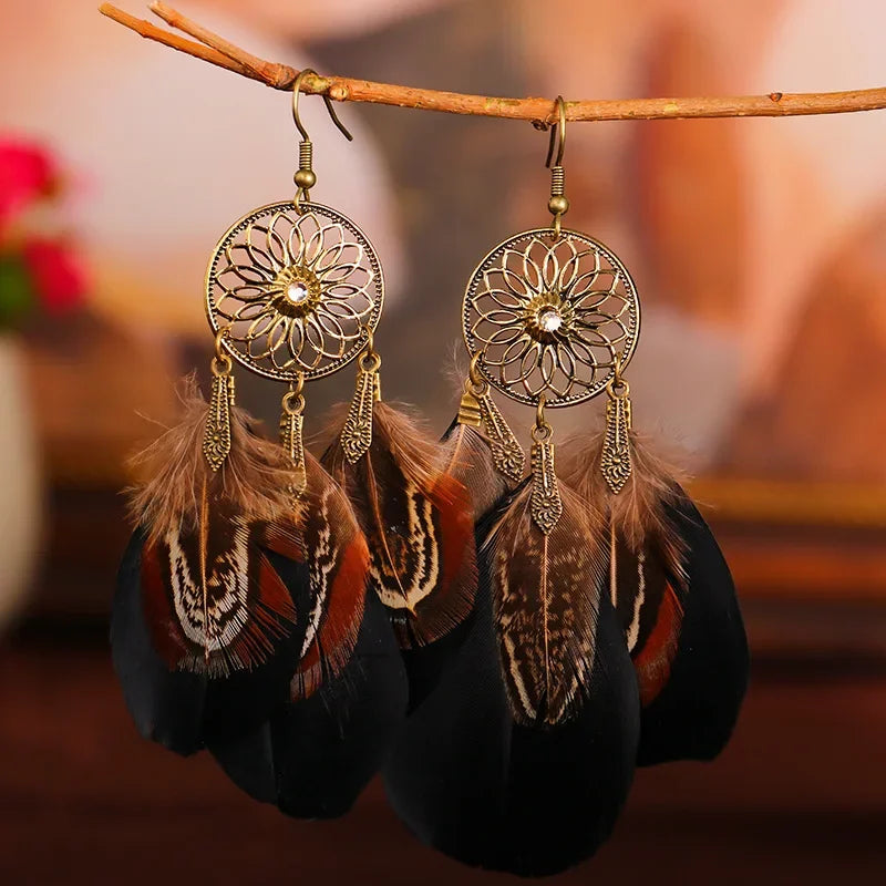 Carved Leaf Feather Tassel Earrings