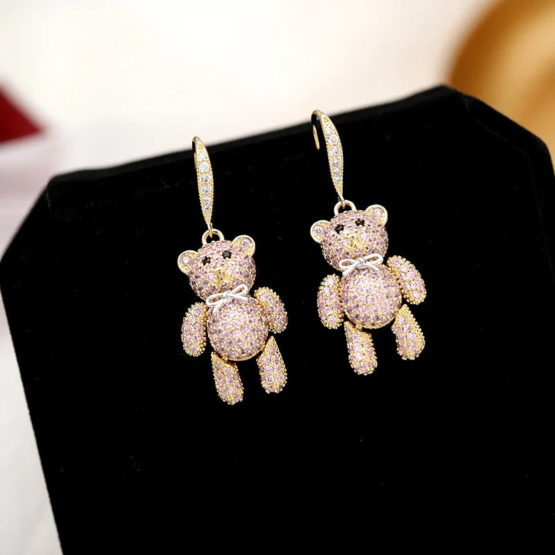 Charming Bear Earrings with Bow Tie & Cubic Zirconia