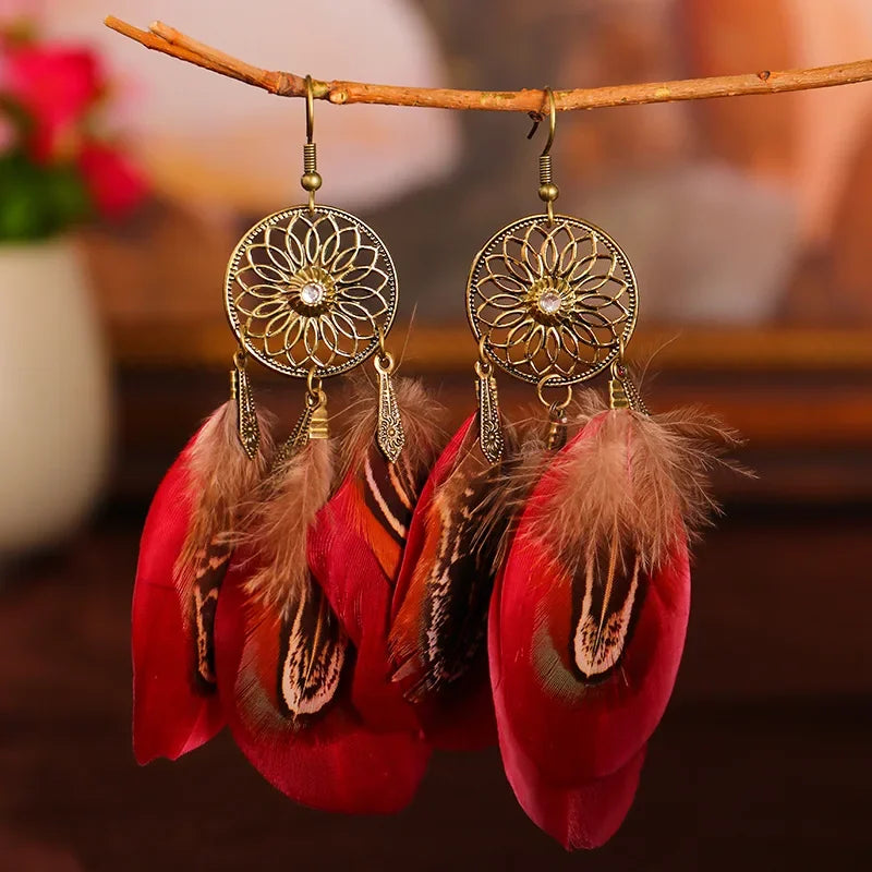 Carved Leaf Feather Tassel Earrings