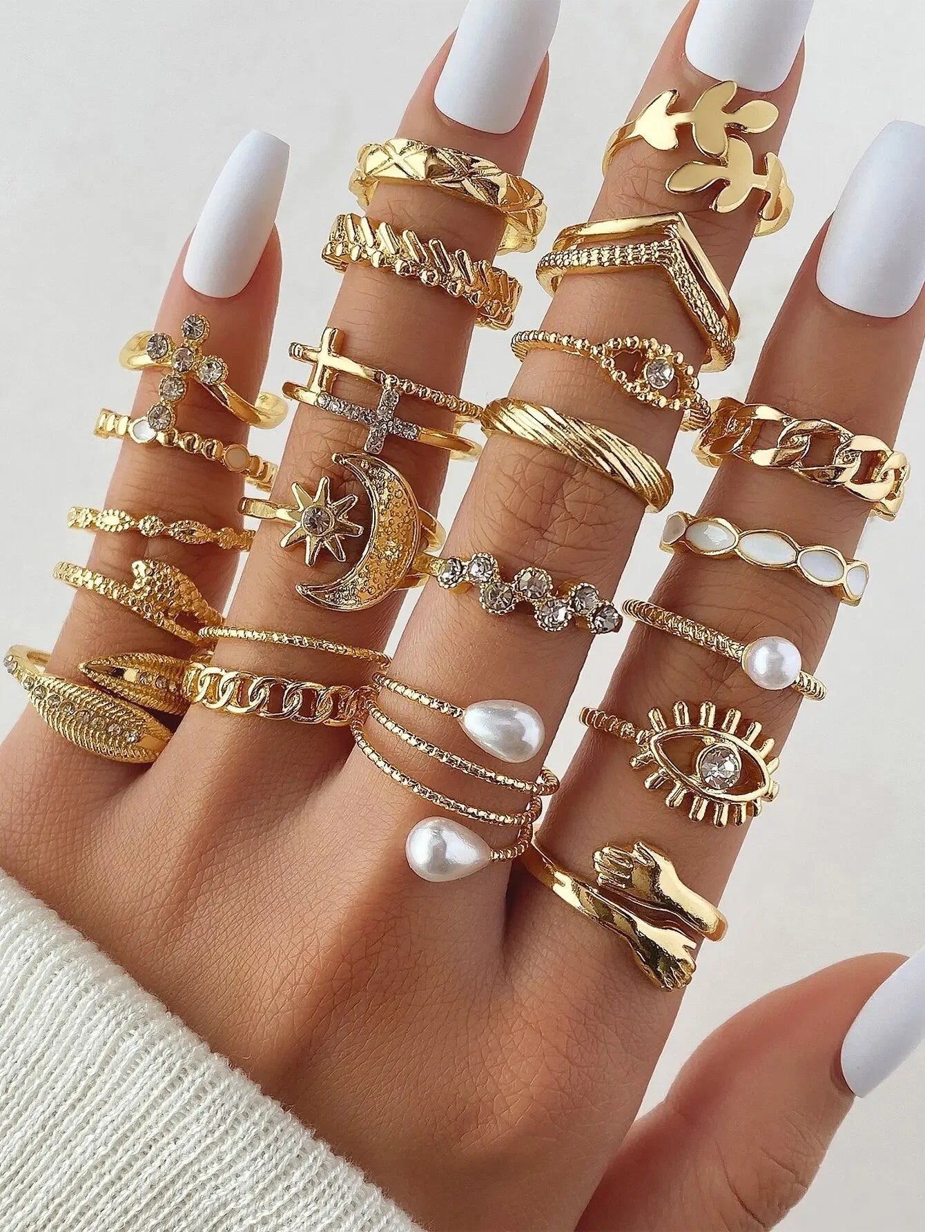 22 Pcs Fashionable Punk Cartoon & Pearl Rings Set