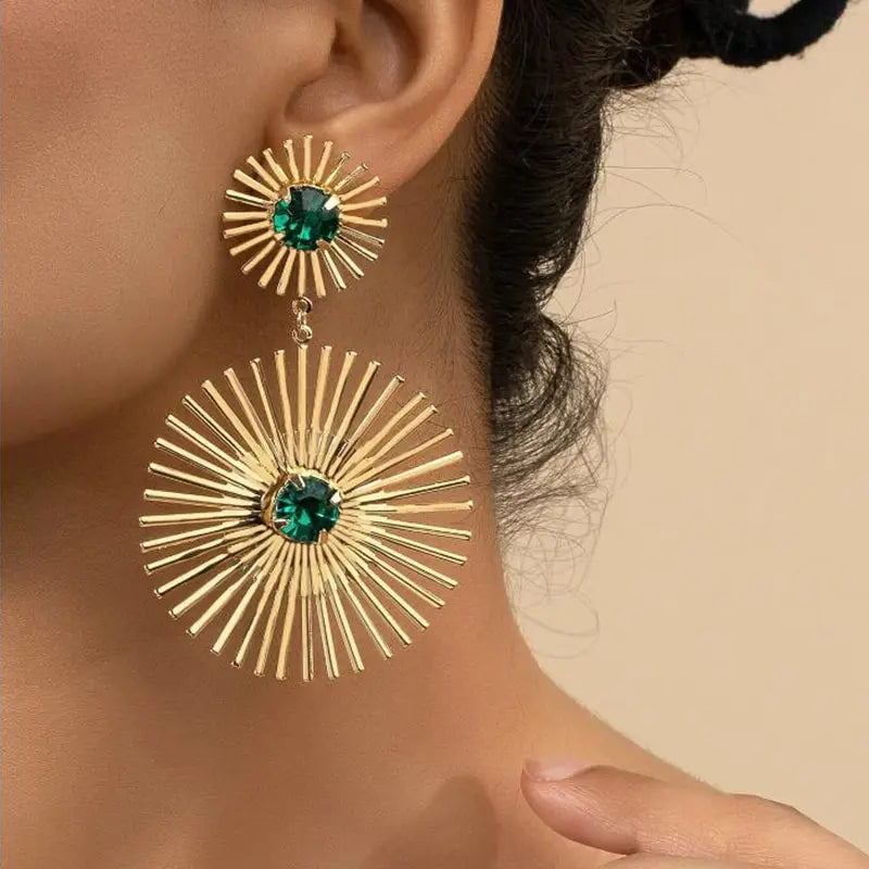 Statement Green Stone Metal Earrings