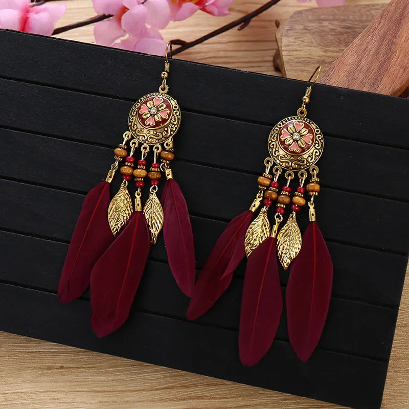 Carved Leaf Feather Tassel Earrings