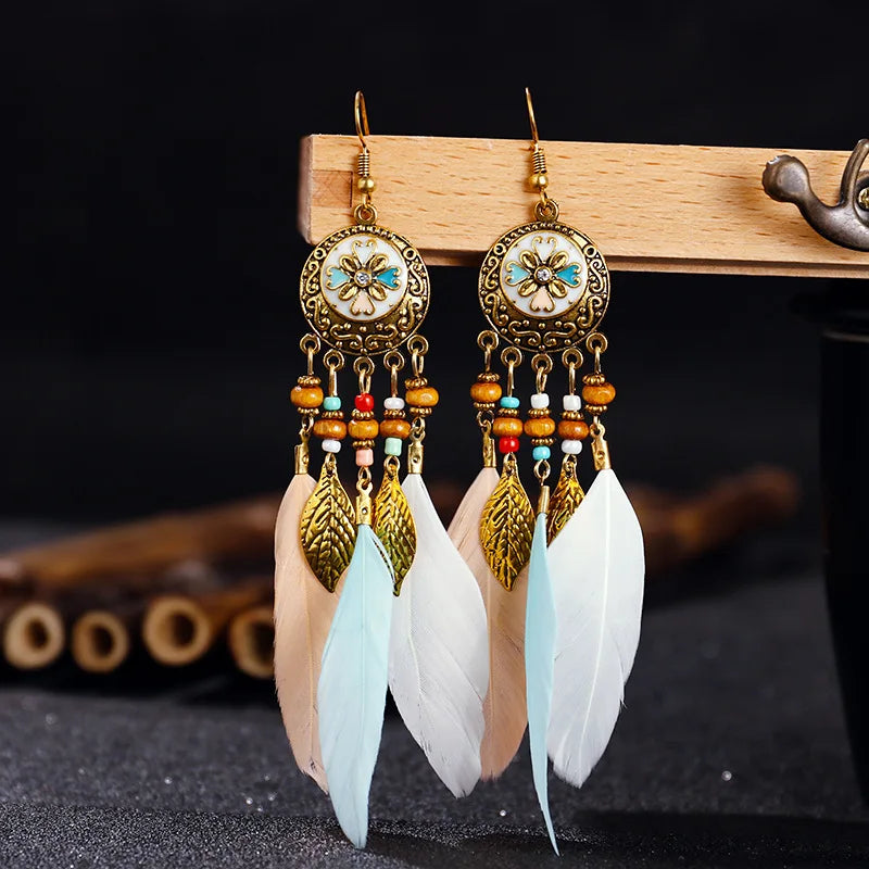 Carved Leaf Feather Tassel Earrings