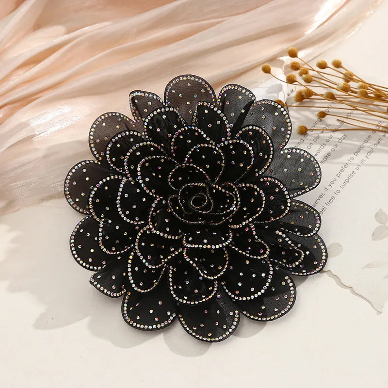 Colorful Rhinestone Fabric Flower Brooch