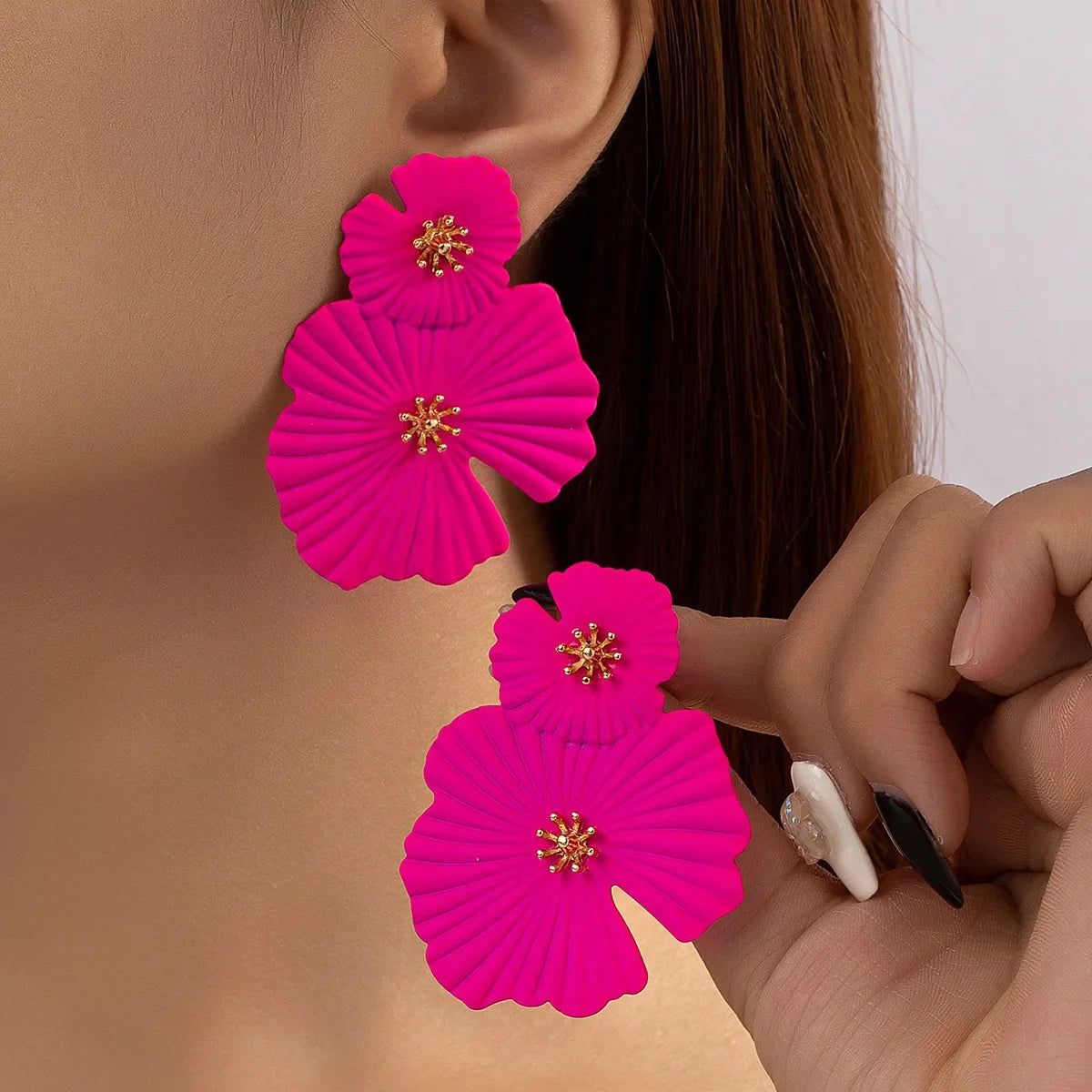 Fuchsia Enamel Flower Earrings