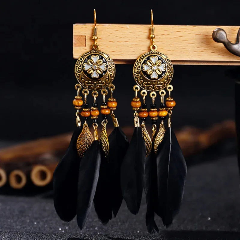 Carved Leaf Feather Tassel Earrings