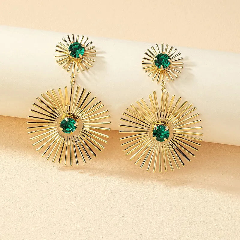 Statement Green Stone Metal Earrings