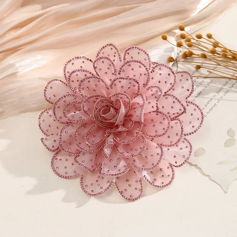 Colorful Rhinestone Fabric Flower Brooch