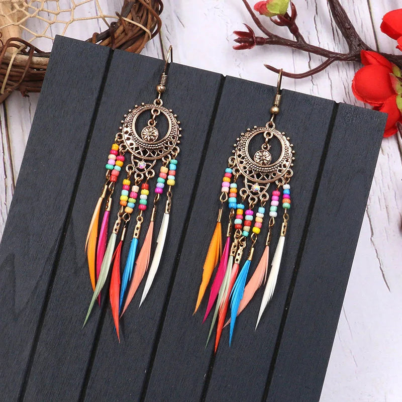 Carved Leaf Feather Tassel Earrings