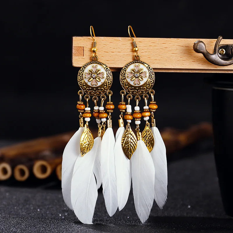 Carved Leaf Feather Tassel Earrings