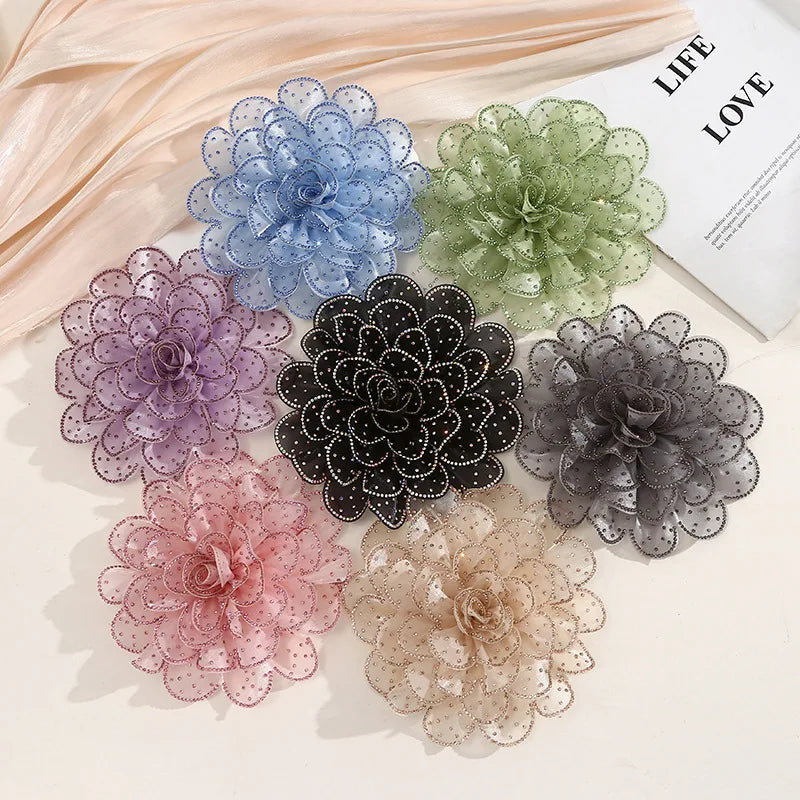 Colorful Rhinestone Fabric Flower Brooch