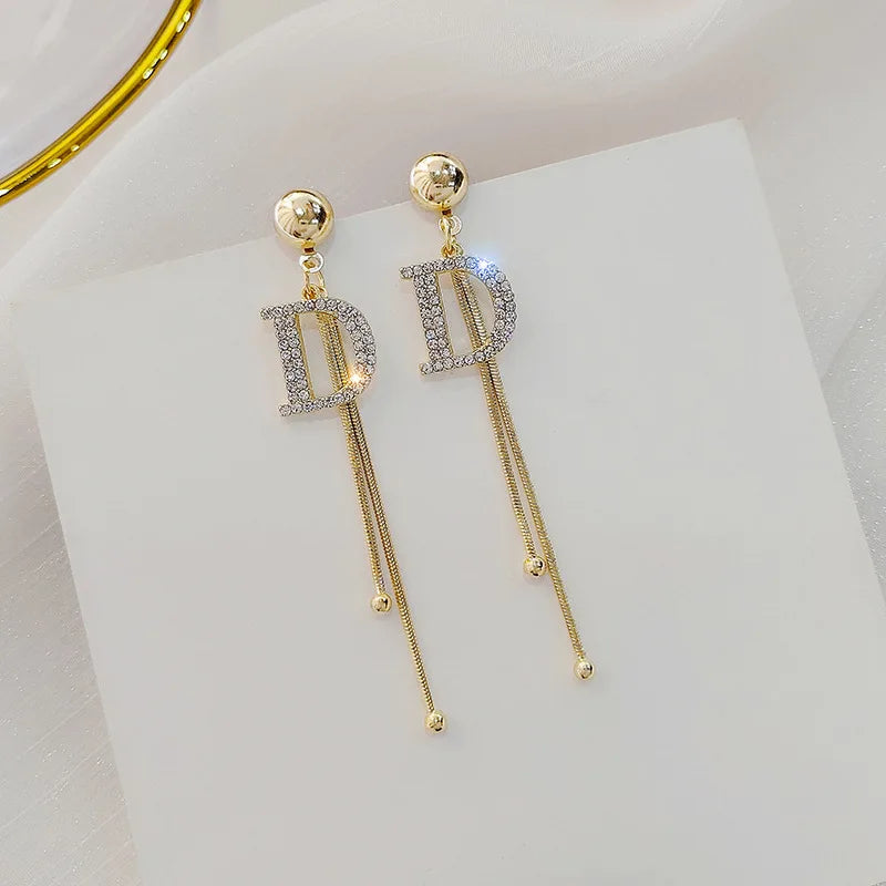 Elegant D Letter Crystal Snake Chain Tassel Earrings